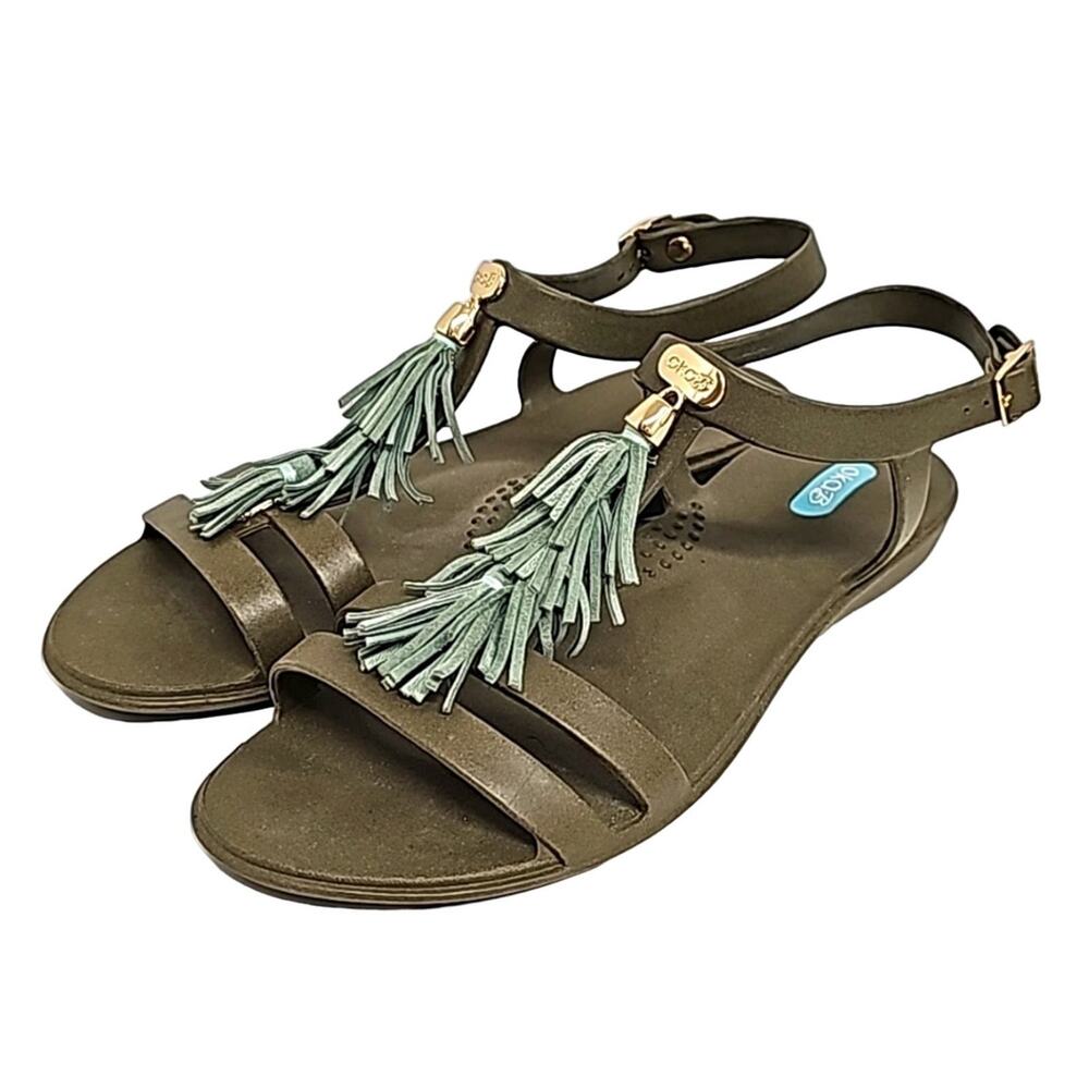 okaB Womens Fiesta Flat Sandals Brown Green Rose Gold Accents Adj Straps Size 8